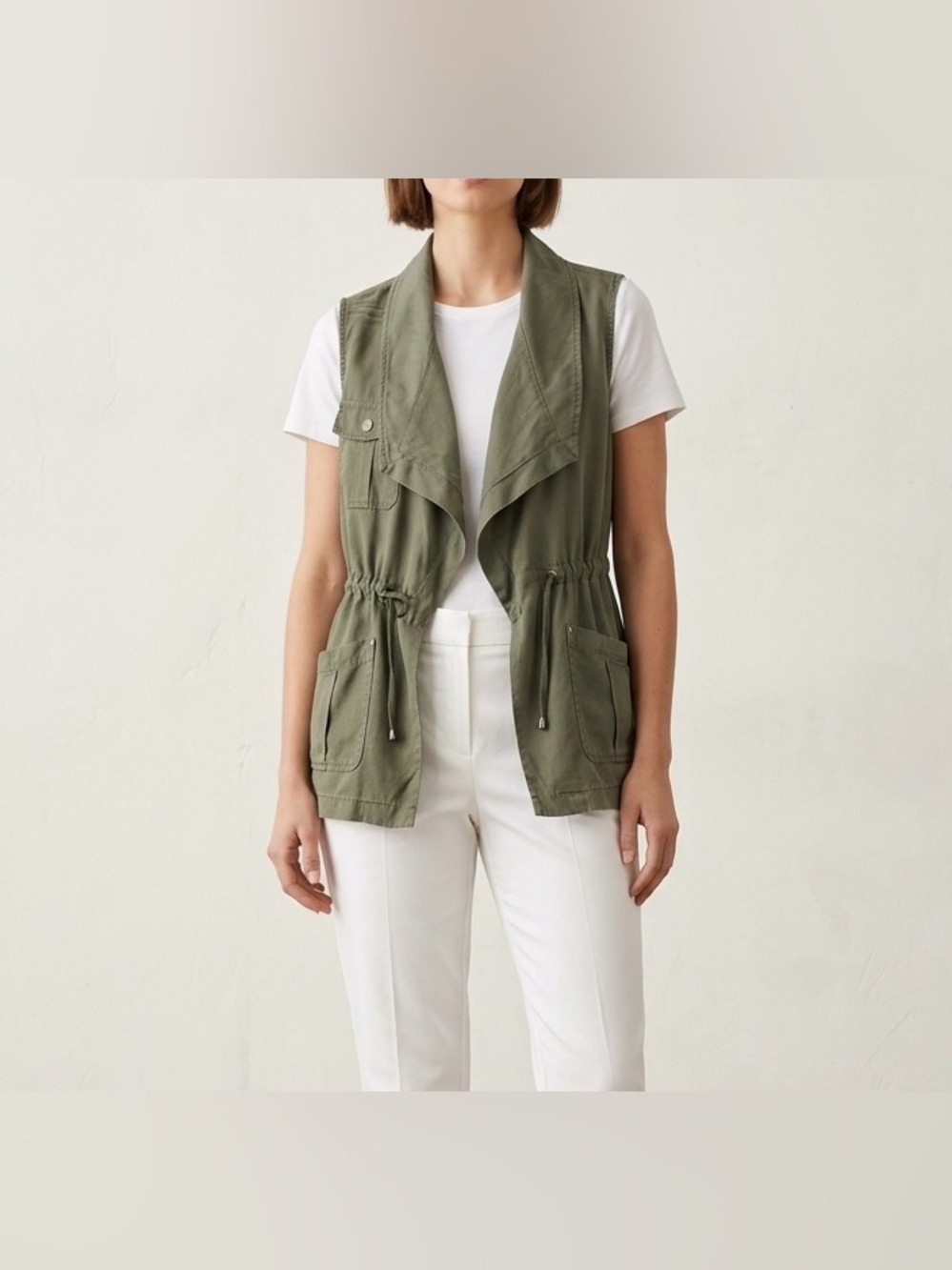 Signature Studio Olive Green Utility Vest Size L 100% Cotton Open Front Cargo